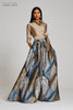 TERI JON TAFFETA GOWN WITH FEATHER PATTERN