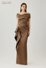 TERI JON STRETCH TAFFETA ASYMETRICAL OFF THE SHOULDER GOWN