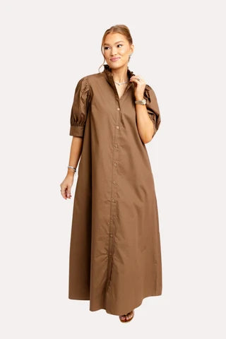 KARLIE SOLID POPLIN RUFFLE NECK MAXI SHIRT DRESS