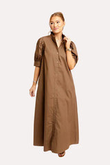KARLIE SOLID POPLIN RUFFLE NECK MAXI SHIRT DRESS