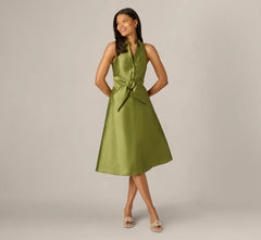 ADRIANNA PAPELL TIE FRONT MIDI DRESS