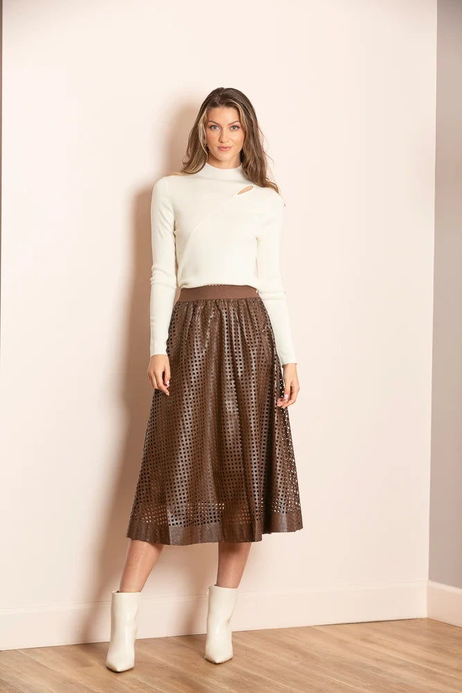 JESSIE LIU PERFORATED PLEATHER GATHERED MIDI SKIRT