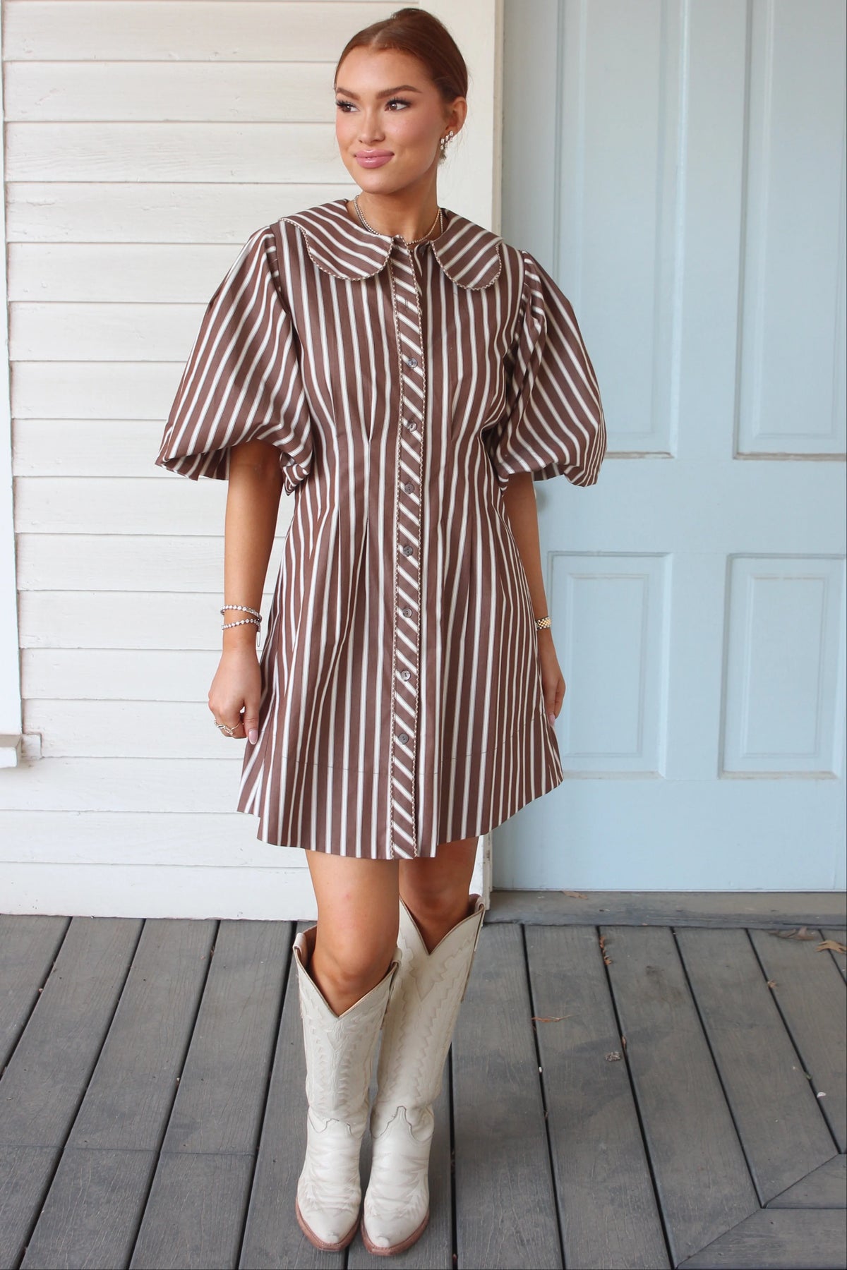 KARLIE STRIPE SCALLOP PUFF SLEEVE SHIRT DRESS