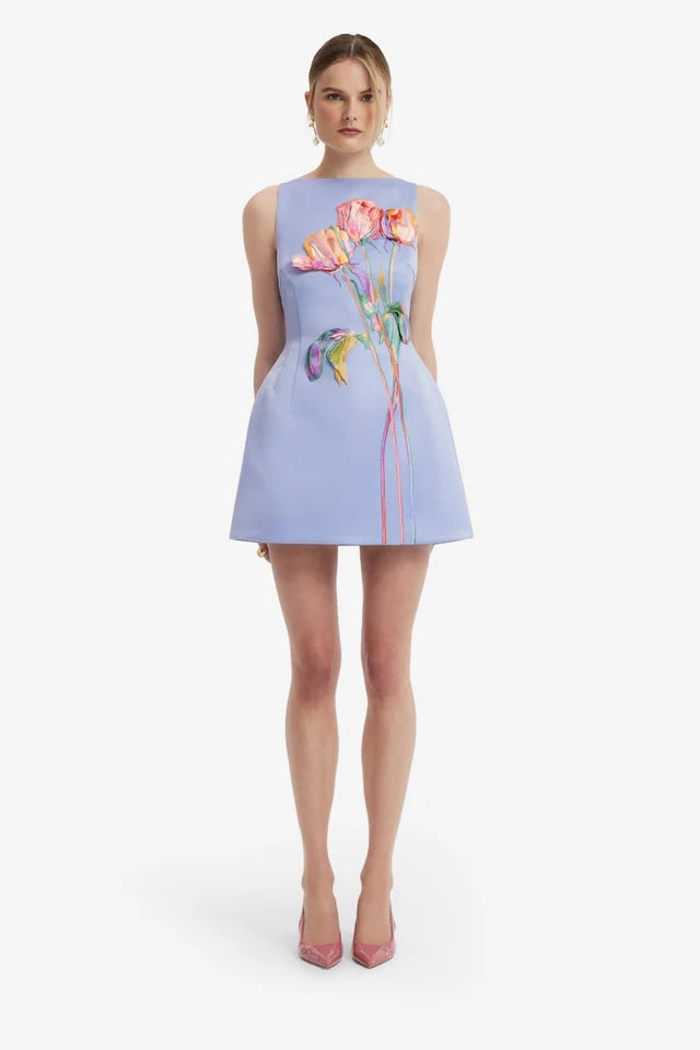 LEO LIN ALI EMBROIDED BOAT NECK MINI DRESS