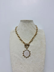 YOCHI NY TWO TONE SQUARE W/TOGGLE STUDDED COIN NECKLACE