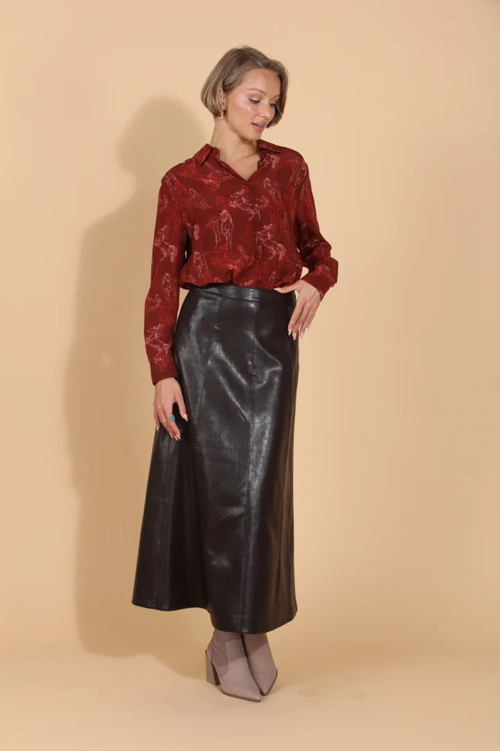 JESSIE LIU PLEATHER A-LINE MIDI SKIRT