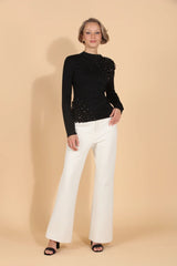 JESSIE LIU FLARED PONTE PANTS WITH FRONT ZIPPER CLOSURE