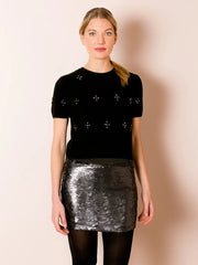 JESSIE LIU CASHMERE BLEND SHORT SLEEVE SWEATER WITH CRYSTAL EMBELLISHMENT