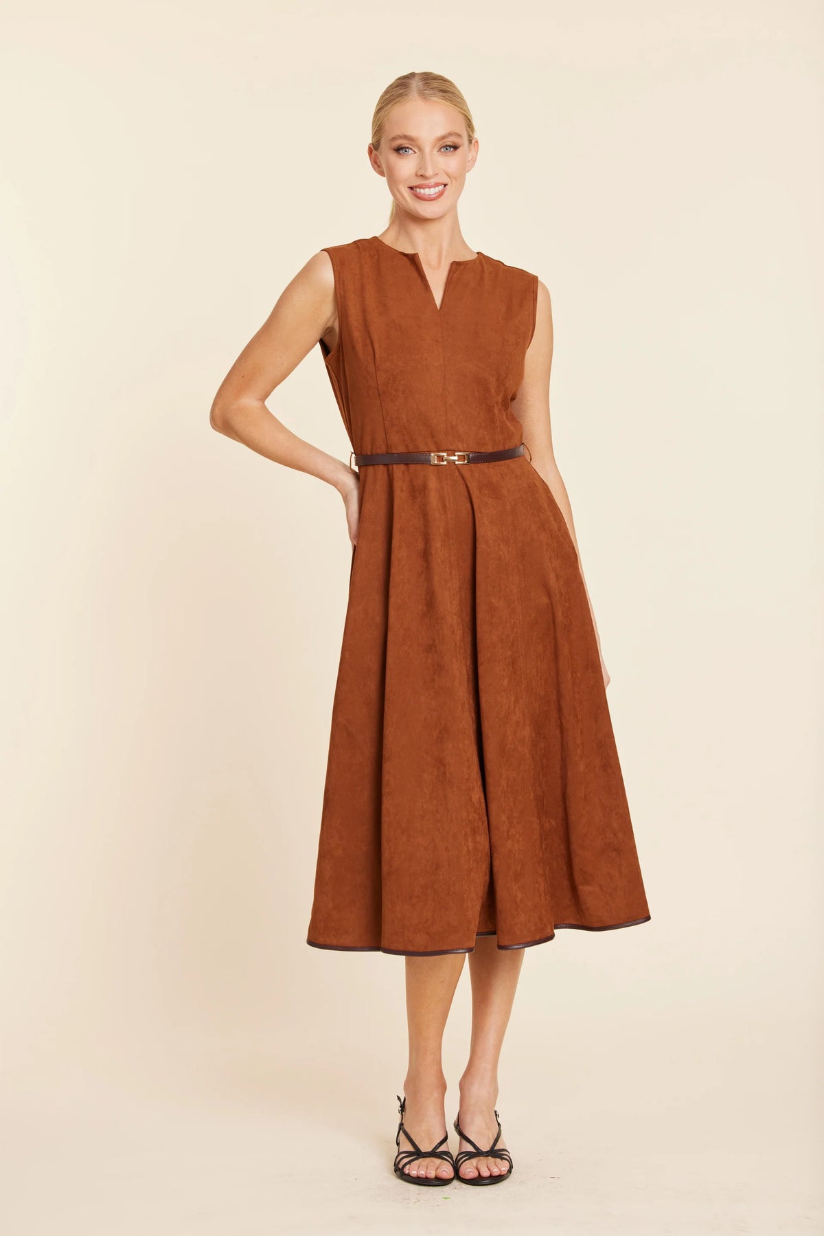 DOLCE CABO FAUX SUEDE BELTED MIDI DRESS
