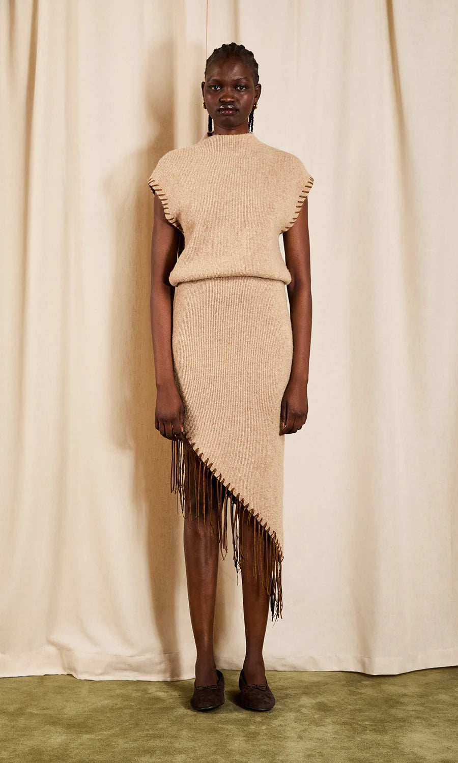 SAYLOR SENNA COMBO FRINGE KNIT MIDI DRESS